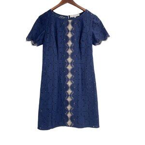 Trina Turk Blue Lace Scalloped Short Sleeve Sheath Dress Womens Size 6 Classic
